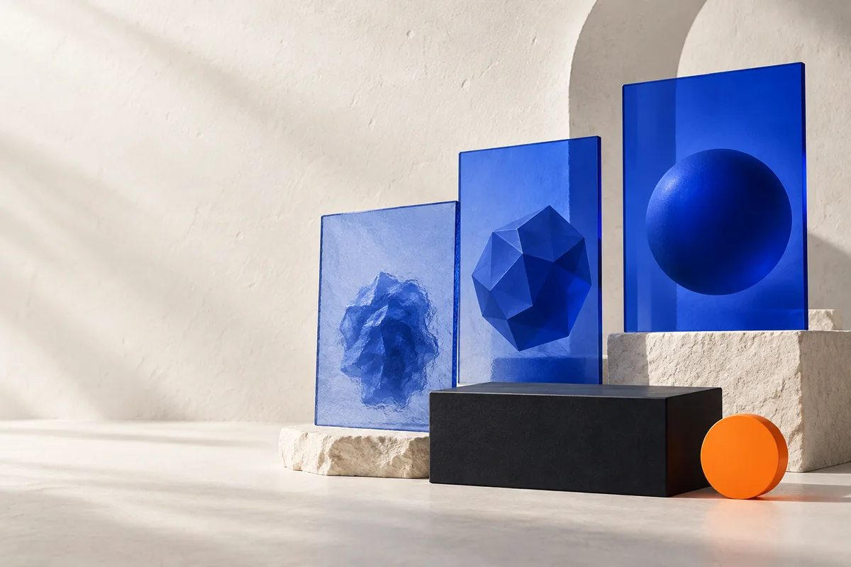 Abstract blue panels showing a progression from idea to finished work